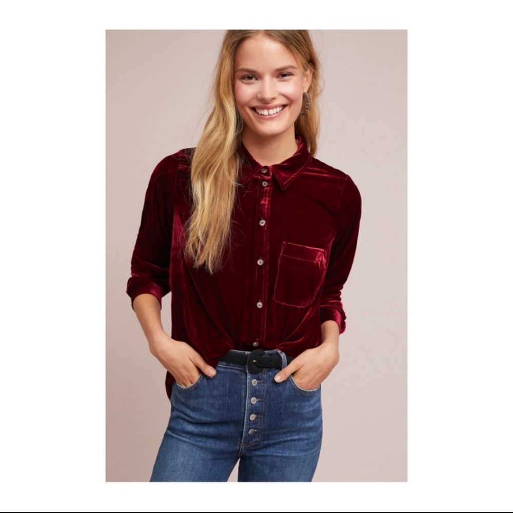 Anthropologie Maeve Karina Velvet Button Down Top